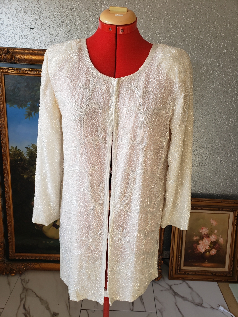 Ivory Beaded Longline Women's Trench Coat